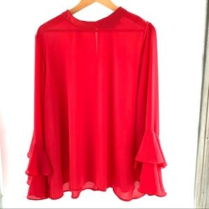 ELOQUII Red Sheer Ruffle Long Sleeve Blouse Size 2